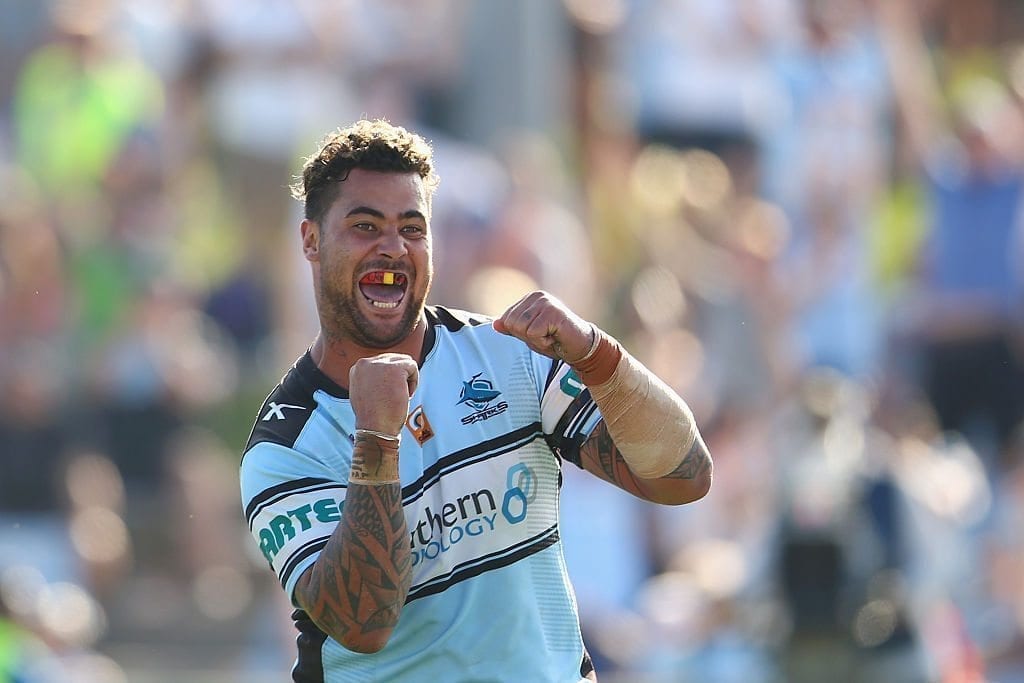 SYDNEY, AUSTRALIA - APRIL 10:  Andrew Fifita of the Sharks celebrates scoring a try during the round six NRL match between the Cronulla Sharks and the Gold Coast Titans at Southern Cross Group Stadium on April 10, 2016 in Sydney, Australia.  (Photo by Mark Kolbe/Getty Images)