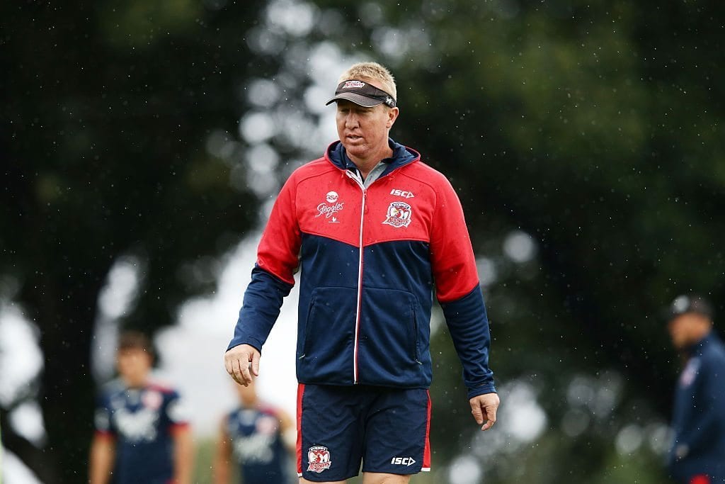 SYDNEY, AUSTRALIA - APRIL 12:  Roosters coach Trent Robinson looks on during a Sydney Roosters NRL training session at Moore Park on April 12, 2016 in Sydney, Australia.  (Photo by Matt King/Getty Images)
