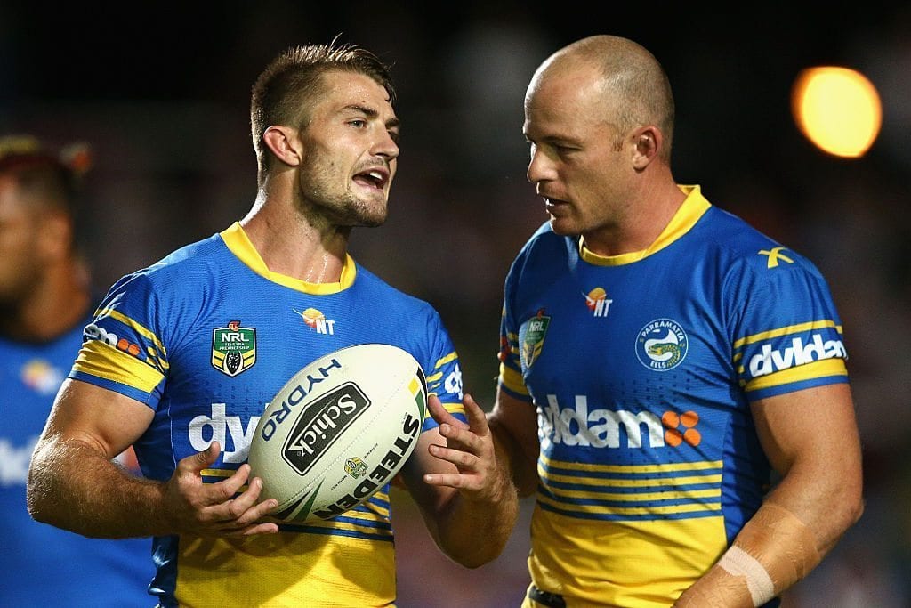 SYDNEY, AUSTRALIA - APRIL 14: Kieran Foran of the Eels talks to team mate Beau Scott during the round seven NRL match between the Manly Sea Eagles and Parramatta Eels at Brookvale Oval on April 14, 2016 in Sydney, Australia. (Photo by Cameron Spencer/Getty Images)