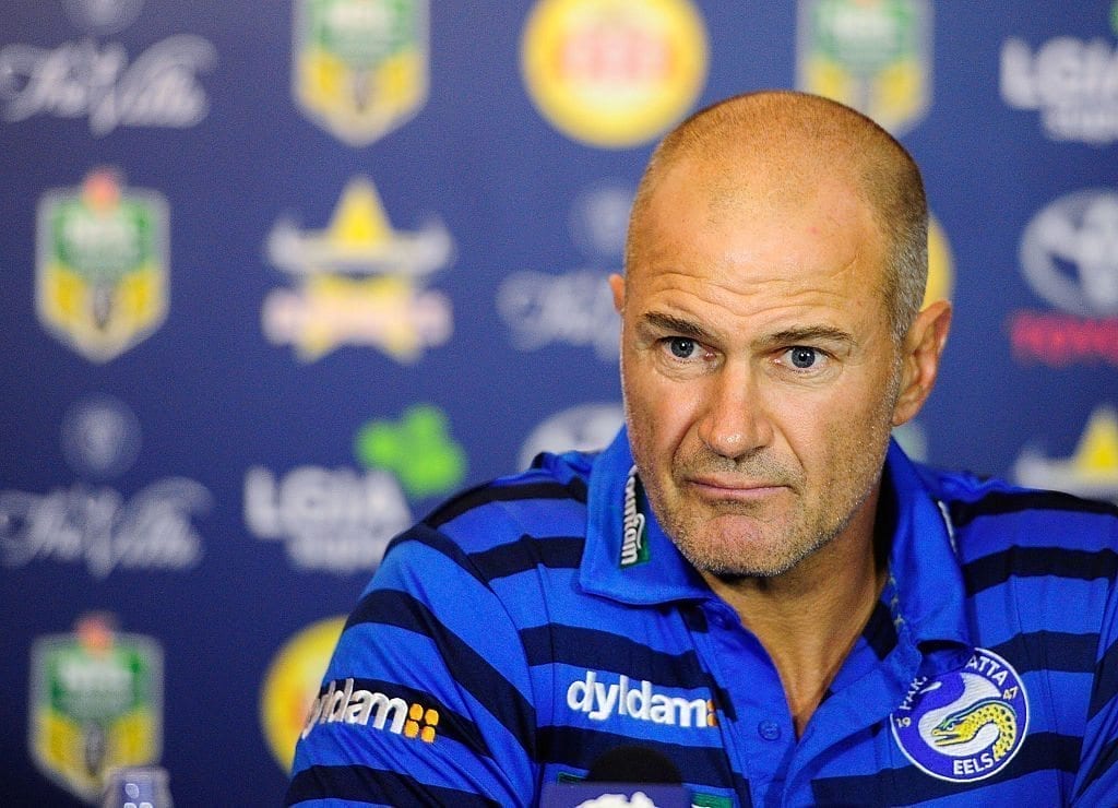 TOWNSVILLE, AUSTRALIA - APRIL 23: Eels coach Brad Arthur looks on at the post match media conference at the end of during the round eight NRL match between the North Queensland Cowboys and the Parramatta Eels at 1300SMILES Stadium on April 23, 2016 in Townsville, Australia. (Photo by Ian Hitchcock/Getty Images)