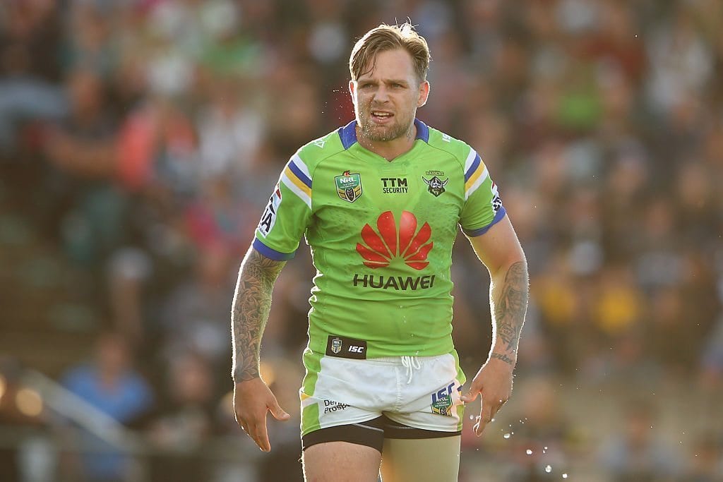 BATHURST, AUSTRALIA - APRIL 30: Blake Austin of the Raiders watches on during the round nine NRL match between the Penrith Panthers and the Canberra Raiders at Carrington Park on April 30, 2016 in Bathurst, Australia. (Photo by Mark Kolbe/Getty Images)