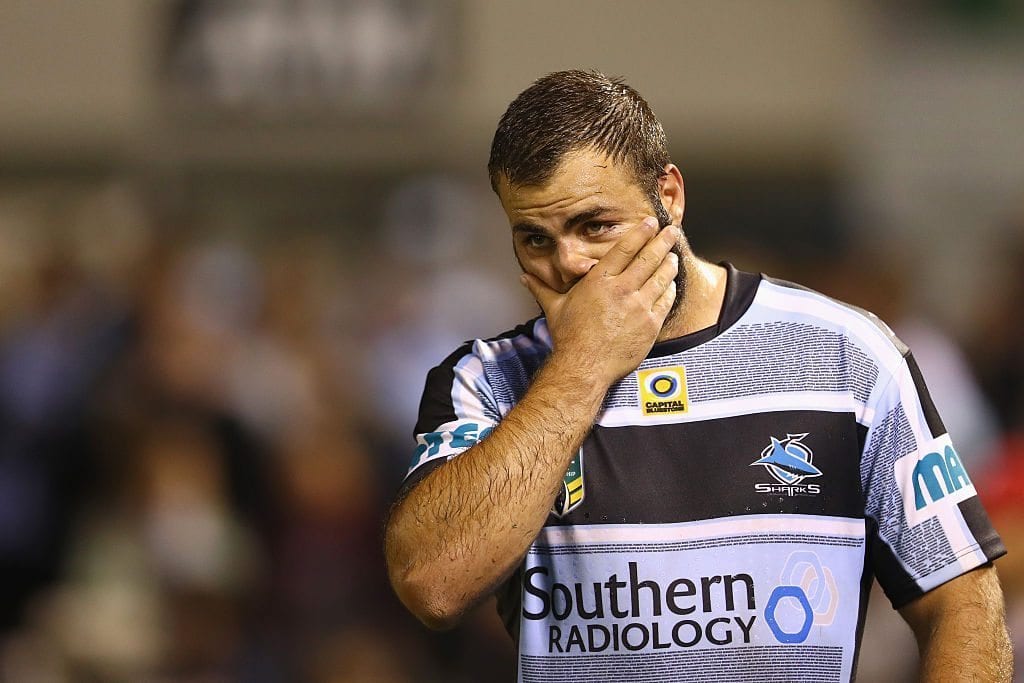 SYDNEY, AUSTRALIA - MAY 21: Wade Graham of the Sharks looks dejected as he leaves the field with an injury during the round 11 NRL match between the Cronulla Sharks and the Manly Sea Eagles at Southern Cross Group Stadium on May 21, 2016 in Sydney, Australia. (Photo by Mark Kolbe/Getty Images)