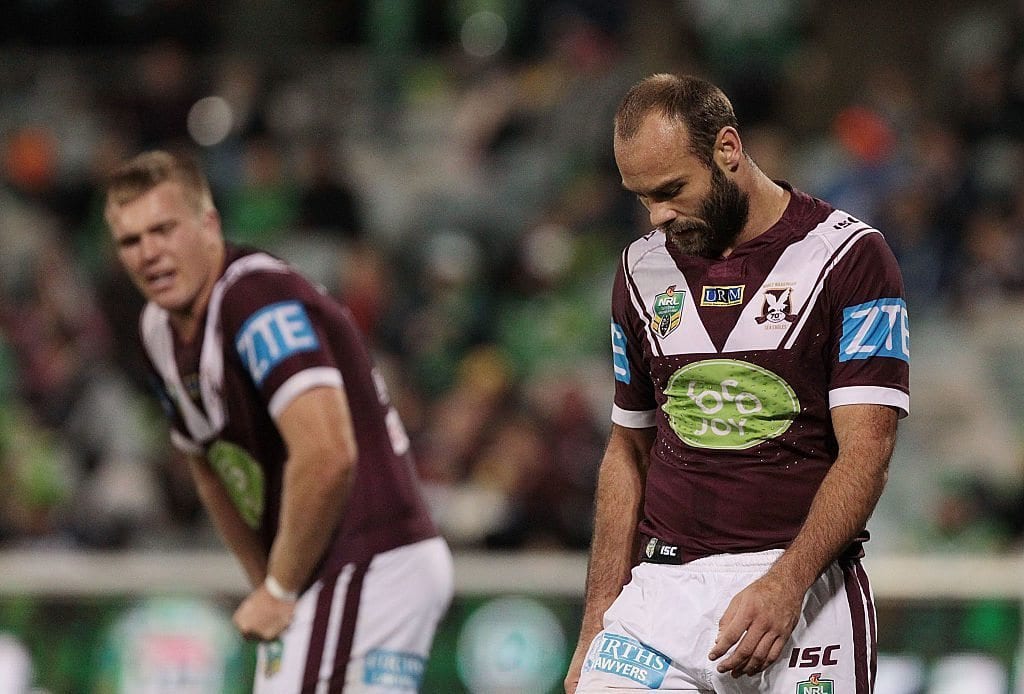 CANBERRA, AUSTRALIA - JUNE 03: Brett Stewart of the Sea Eagles during the round 13 NRL match between the Canberra Raiders and the Manly Sea Eagles at GIO Stadium on June 3, 2016 in Canberra, Australia. (Photo by Stefan Postles/Getty Images)