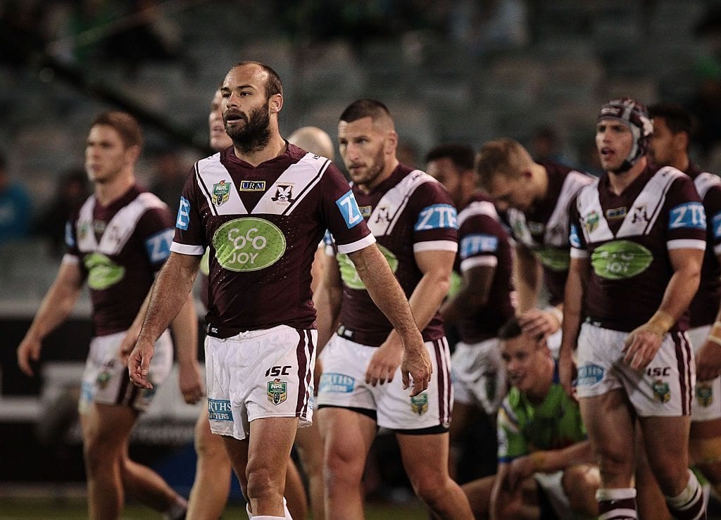 Brett Stewart of the Sea Eagles during the round 13 NRL match between the Canberra Raiders and the Manly Sea Eagles at GIO Stadium on June 3, 2016 in Canberra, Australia.