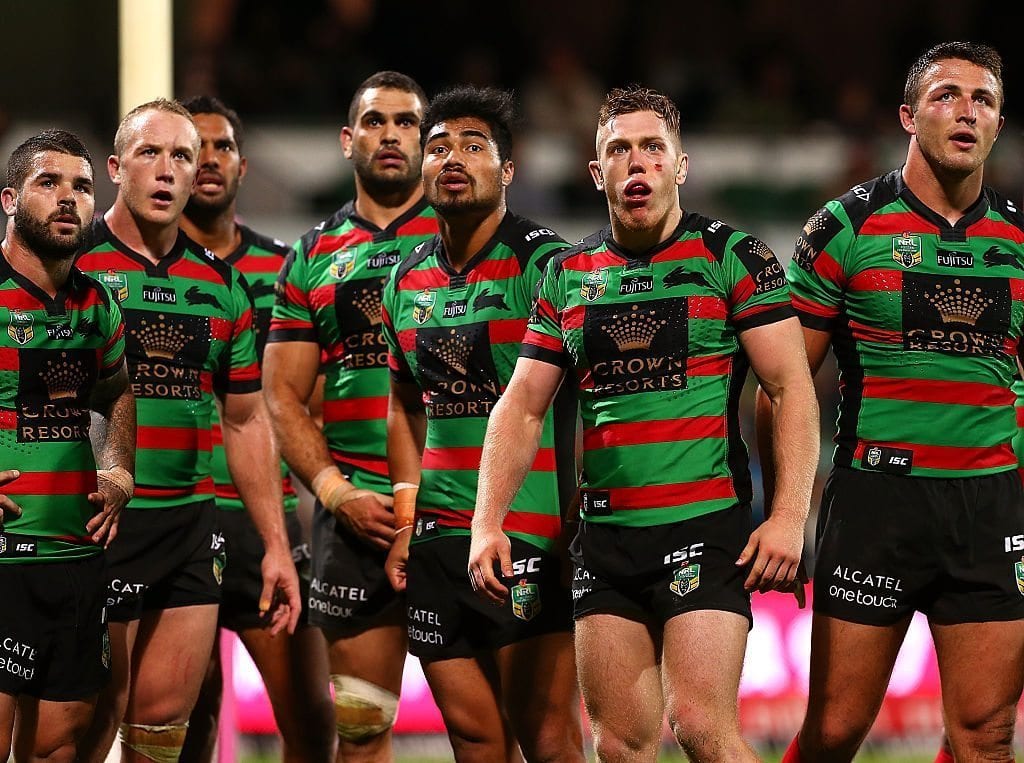PERTH, AUSTRALIA - JUNE 05: Rabbitohs players watch a replay of a Titans try during the round 13 NRL match between the South Sydney Rabbitohs and the Gold Coast Titans at nib Stadium on June 5, 2016 in Perth, Australia. (Photo by Paul Kane/Getty Images)