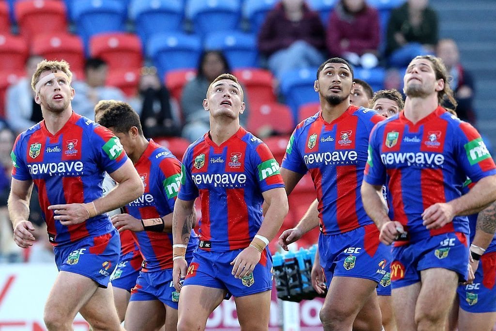 NEWCASTLE, AUSTRALIA - JUNE 11: Knights players look dejected during the round 14 NRL match between the Newcastle Knights and the New Zealand Warriors at Hunter Stadium on June 11, 2016 in Newcastle, Australia. (Photo by Ashley Feder/Getty Images)