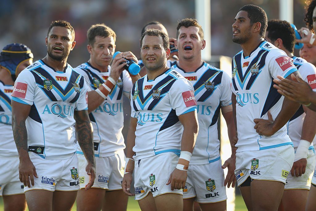 DARWIN, AUSTRALIA - JUNE 11: Josh Hoffman, William Zillman, Tyrone Roberts, Greg Bird and Nene MacDonald of the Titans watch the replay on the big screen after the referee call for a video referral during the round 14 NRL match between the Parramatta Eels and the Gold Coast Titans at TIO Stadium on June 11, 2016 in Darwin, Australia. (Photo by Mark Kolbe/Getty Images)