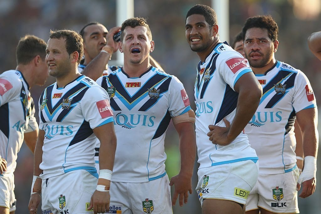 DARWIN, AUSTRALIA - JUNE 11: Tyrone Roberts, Greg Bird, Nene MacDonald and Conrad Hurrell of the Titans watch the replay on the big screen after the referee call for a video referral during the round 14 NRL match between the Parramatta Eels and the Gold Coast Titans at TIO Stadium on June 11, 2016 in Darwin, Australia. (Photo by Mark Kolbe/Getty Images)