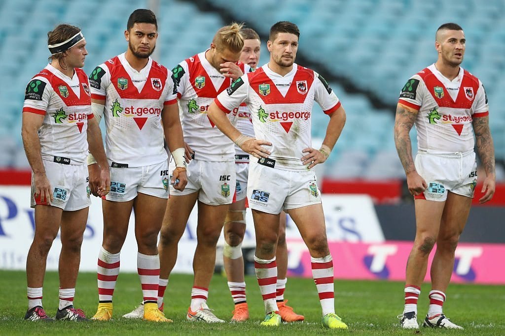 The Dragons look dejected after a Bulldogs try during the round 14 NRL match between the St George Illawarra Dragons and the Canterbury Bulldogs at ANZ Stadium on June 13, 2016 in Sydney, Australia.