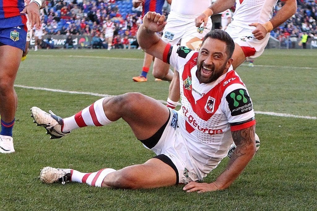 NEWCASTLE, AUSTRALIA - JUNE 25: Benji Marshall of the Dragons celebrates after scoring a try during the round 16 NRL match between the Newcastle Knights and the St George Illawarra Dragons at Hunter Stadium on June 25, 2016 in Newcastle, Australia. (Photo by Tony Feder/Getty Images)