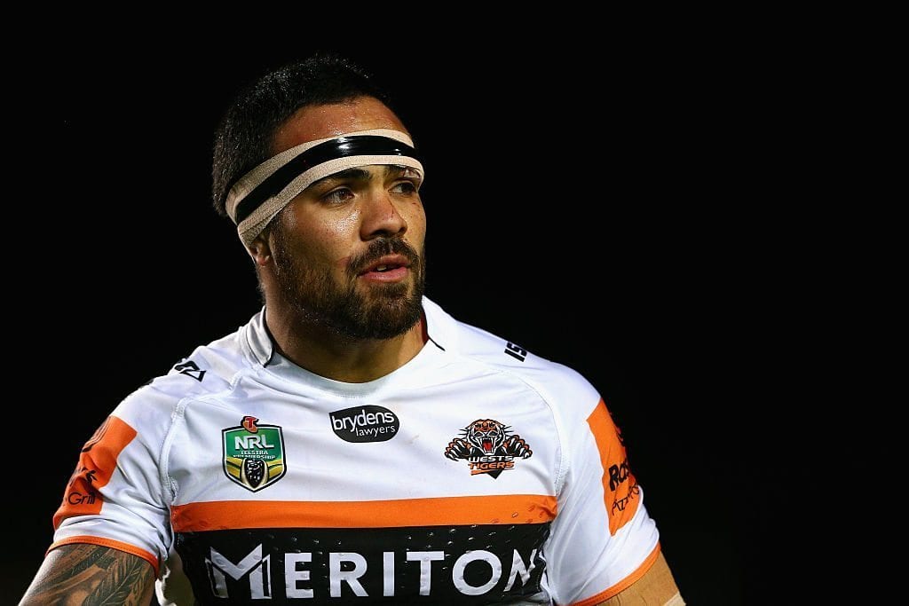 SYDNEY, AUSTRALIA - JUNE 19: Dene Halatau of the Tigers looks on during the round 15 NRL match between the Manly Sea Eagles and the Wests Tigers at Brookvale Oval on June 19, 2015 in Sydney, Australia.  (Photo by Cameron Spencer/Getty Images)