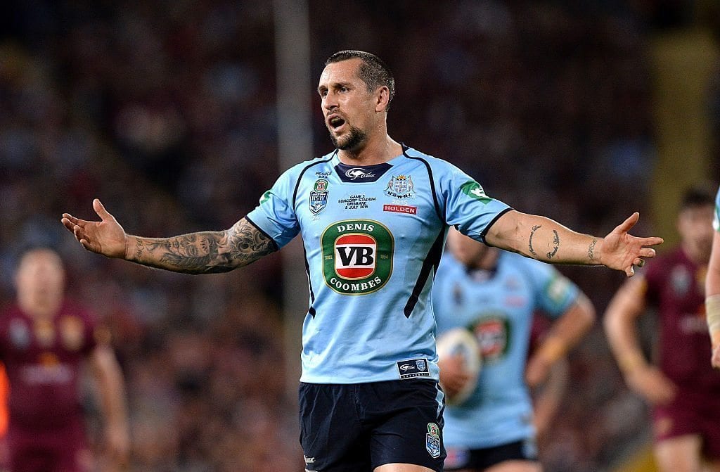 BRISBANE, AUSTRALIA - JULY 08: Mitchell Pearce of the Blues complains to the referee during game three of the State of Origin series between the Queensland Maroons and the New South Wales Blues at Suncorp Stadium on July 8, 2015 in Brisbane, Australia.  (Photo by Bradley Kanaris/Getty Images)