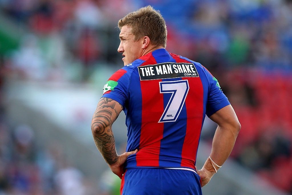 NEWCASTLE, AUSTRALIA - MARCH 19: Trent Hodkinson of the Knights during the round three NRL match between the Newcastle Knights and the Canberra Raiders at Hunter Stadium on March 19, 2016 in Newcastle, Australia. (Photo by Tony Feder/Getty Images)