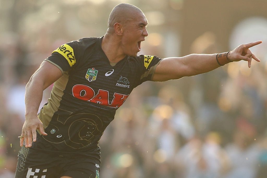SYDNEY, AUSTRALIA - MAY 22:  Leilani Latu of the Panthers celebrates scoring a try during the round 11 NRL match between the Penrith Panthers and the Gold Coast Titans at Pepper Stadium on May 22, 2016 in Sydney, Australia.  (Photo by Mark Kolbe/Getty Images)