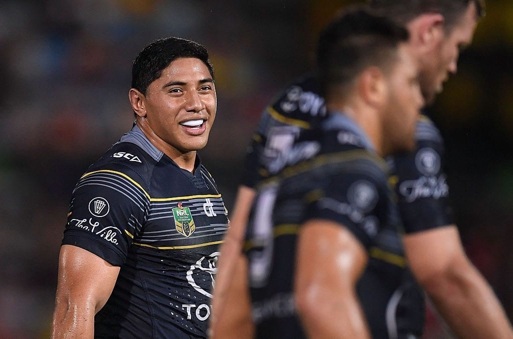 TOWNSVILLE, AUSTRALIA - JUNE 27: Jason Taumalolo of the Cowboys smiles after scoring a try during the round 16 NRL match between the North Queensland Cowboys and the Manly Sea Eagles at 1300SMILES Stadium on June 27, 2016 in Townsville, Australia. (Photo by Ian Hitchcock/Getty Images)