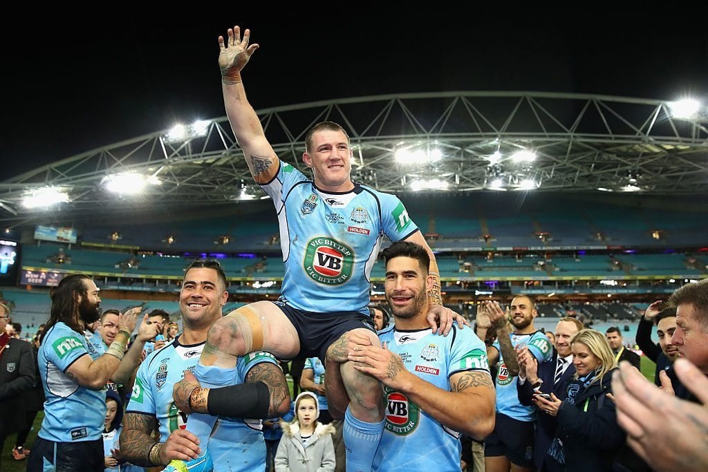 SYDNEY, AUSTRALIA - JULY 13:  Paul Gallen of the Blues is chaired off the field after playing his final Origin game, celeabrating winning game three of the State Of Origin series between the New South Wales Blues and the Queensland Maroons at ANZ Stadium on July 13, 2016 in Sydney, Australia.  (Photo by Cameron Spencer/Getty Images)
