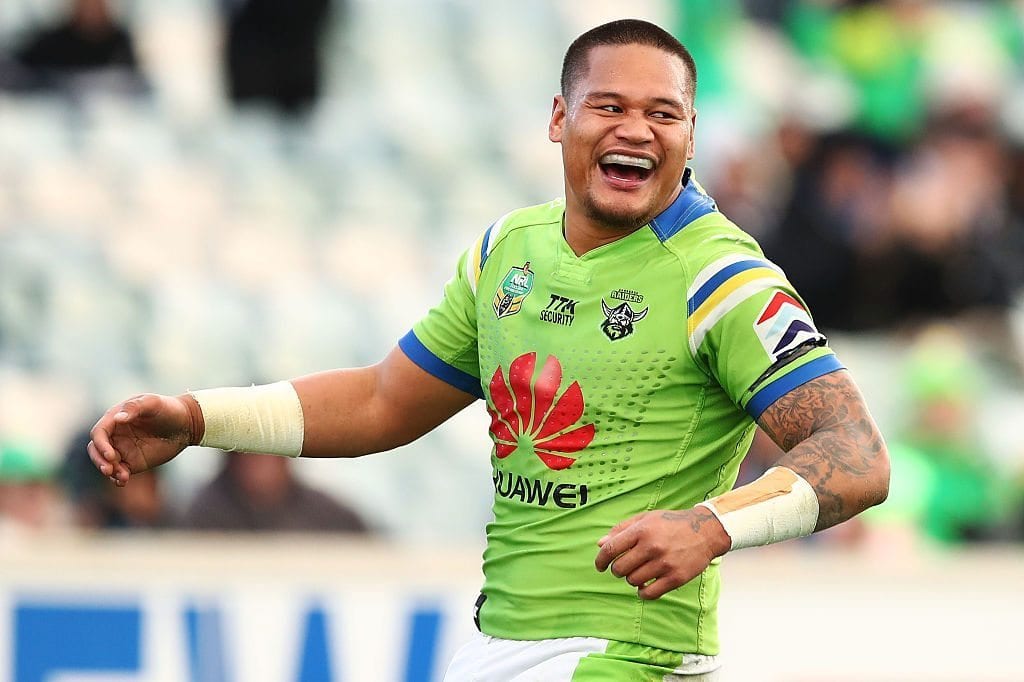 CANBERRA, AUSTRALIA - JULY 23: Joseph Leilua of the Raiders celebrates after scoring a try during the round 20 NRL match between the Canberra Raiders and the New Zealand Warriors at GIO Stadium on July 23, 2016 in Canberra, Australia. (Photo by Brendon Thorne/Getty Images)
