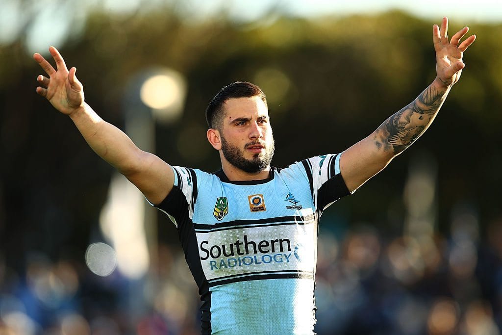 SYDNEY, AUSTRALIA - JULY 24: Jack Bird of the Sharks celebrates at full time following the round 20 NRL match between the Cronulla Sharks and the Newcastle Knights at Southern Cross Group Stadium on July 24, 2016 in Sydney, Australia. (Photo by Brendon Thorne/Getty Images)