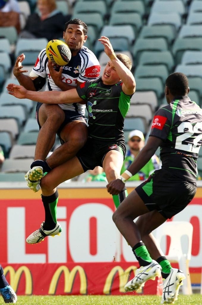 CANBERRA, AUSTRALIA - JUNE 05: Moses Pangai of the Cowboys takes a high ball during the round 13 Toyota Cup match between the Canberra Raiders and the North Queensland Cowboys at Canberra Stadium on June 5, 2011 in Canberra, Australia.  (Photo by Mark Nolan/Getty Images)