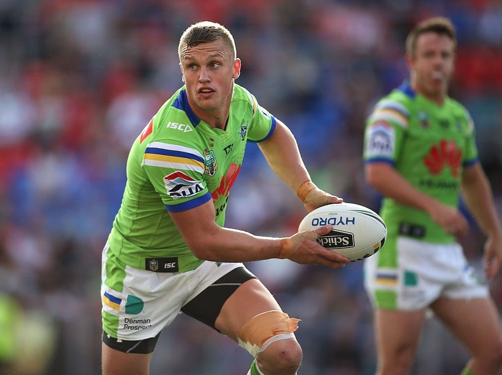NEWCASTLE, AUSTRALIA - MARCH 19: Jack Wighton of the Raiders prepares to pass the ball during the round three NRL match between the Newcastle Knights and the Canberra Raiders at Hunter Stadium on March 19, 2016 in Newcastle, Australia. (Photo by Tony Feder/Getty Images)