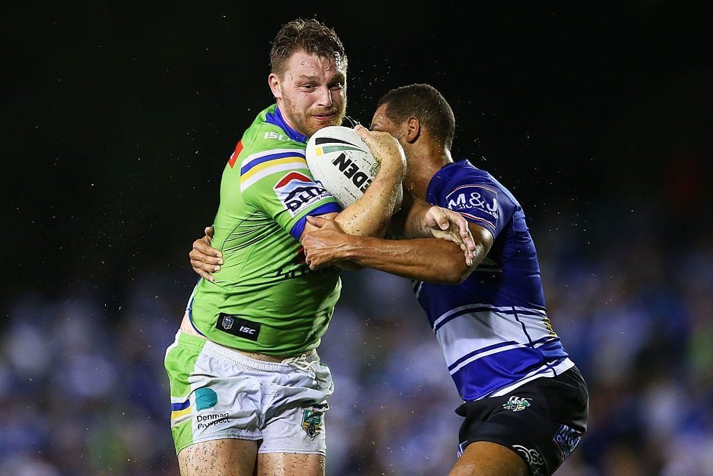 SYDNEY, NEW SOUTH WALES - APRIL 04: Elliott Whitehead of the Raiders runs the ball during the round five NRL match between the Canterbury Bulldogs and the Canberra Raiders at Belmore Sports Ground on April 4, 2016 in Sydney, Australia.  (Photo by Brendon Thorne/Getty Images)