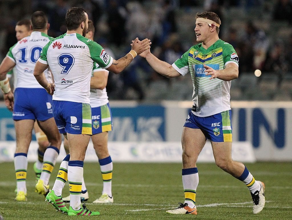 CANBERRA, AUSTRALIA - MAY 29: Luke Bateman and Josh Hodgson of the Raiders celebrate after the round 12 NRL match between the Canberra Raiders and the Canterbury Bulldogs at GIO Stadium on May 29, 2016 in Canberra, Australia. (Photo by Stefan Postles/Getty Images)