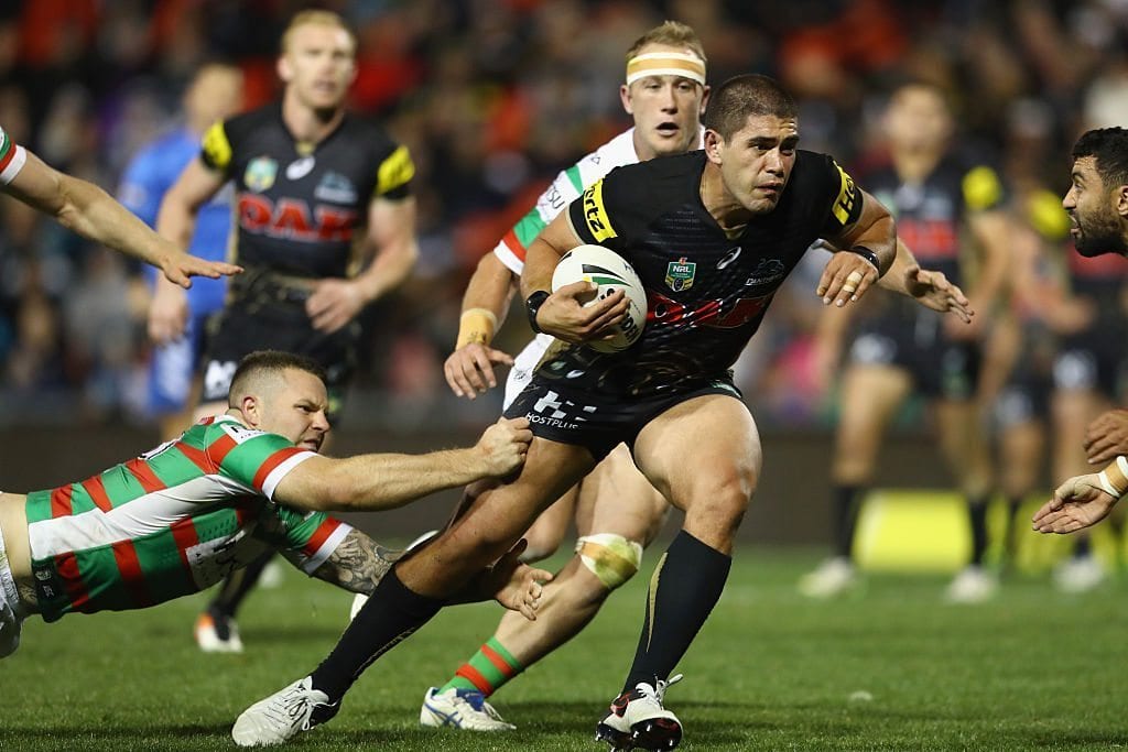 SYDNEY, AUSTRALIA - JUNE 24: Chris Grevsmuhl of the Panthers is tackled during the round 16 NRL match between the Penrith Panthers and the South Sydney Rabbitohs at Pepper Stadium on June 24, 2016 in Sydney, Australia. (Photo by Mark Kolbe/Getty Images)