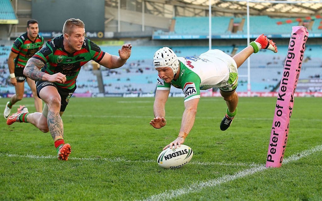 SYDNEY, AUSTRALIA - JULY 31: Jarrod Croker of the Raiders dives to score a try during the round 21 NRL match between the South Sydney Rabbitohs and the Canberra Raiders at ANZ Stadium on July 31, 2016 in Sydney, Australia. (Photo by Mark Nolan/Getty Images)