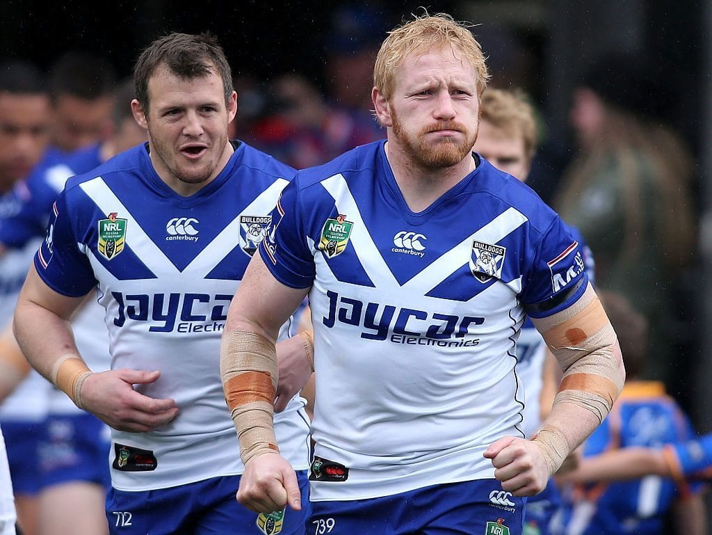 NEWCASTLE, AUSTRALIA - AUGUST 06: James Graham of the Bulldogs leads his team out onto the ground during the round 22 NRL match between the Newcastle Knights and the Canterbury Bulldogs at Hunter Stadium on August 6, 2016 in Newcastle, Australia. (Photo by Tony Feder/Getty Images)
