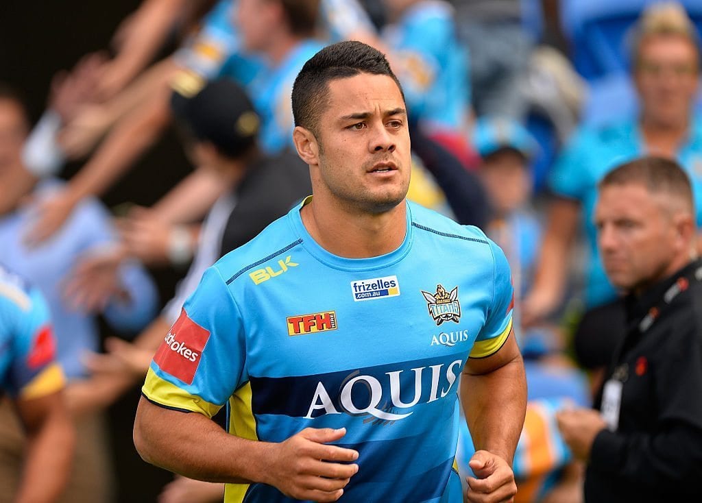 GOLD COAST, AUSTRALIA - AUGUST 07: Jarryd Hayne of the Titans greets fans before entering the field of play for the warm-ups before the round 22 NRL match between the Gold Coast Titans and the New Zealand Warriors at Cbus Super Stadium on August 7, 2016 in Gold Coast, Australia. (Photo by Bradley Kanaris/Getty Images)