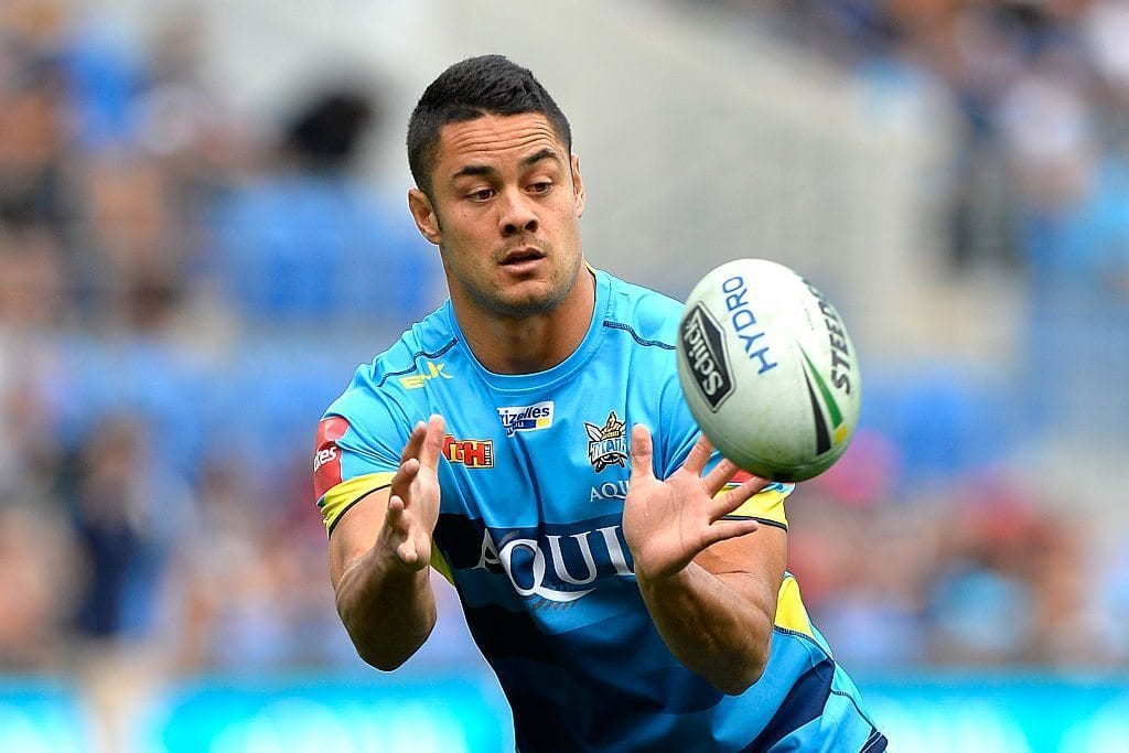 GOLD COAST, AUSTRALIA - AUGUST 07:  Jarryd Hayne of the Titans catches the ball during the team warm ups before the round 22 NRL match between the Gold Coast Titans and the New Zealand Warriors at Cbus Super Stadium on August 7, 2016 in Gold Coast, Australia.  (Photo by Bradley Kanaris/Getty Images)