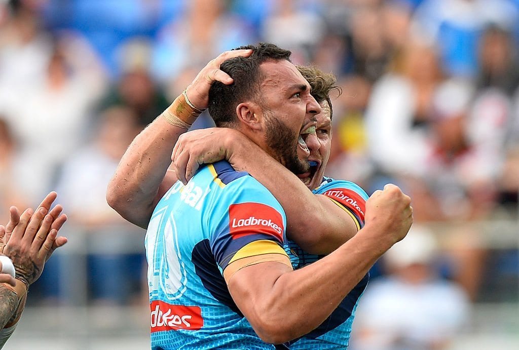 GOLD COAST, AUSTRALIA - AUGUST 07: Ryan James of the Titans celebrates scoring a try during the round 22 NRL match between the Gold Coast Titans and the New Zealand Warriors at Cbus Super Stadium on August 7, 2016 in Gold Coast, Australia. (Photo by Bradley Kanaris/Getty Images)