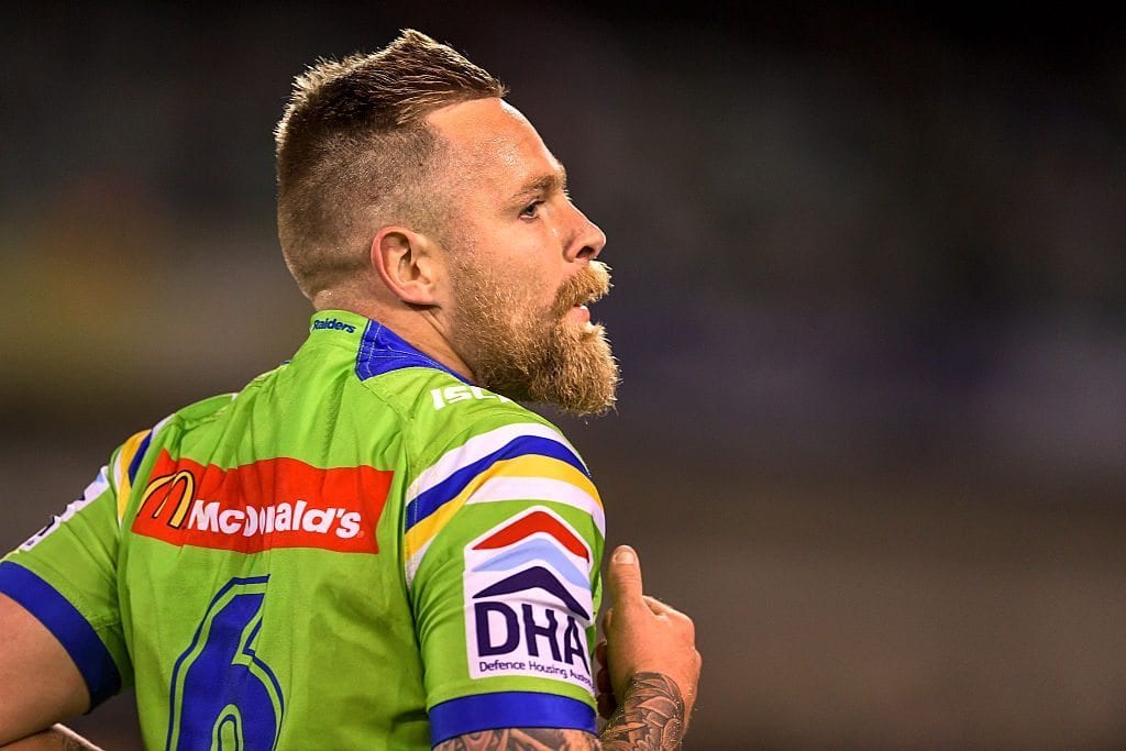 CANBERRA, AUSTRALIA - AUGUST 15:  Blake Austin of the Raiders looks on during the round 23 NRL match between the Canberra Raiders and the Melbourne Storm at GIO Stadium on August 15, 2016 in Canberra, Australia.  (Photo by Brett Hemmings/Getty Images)