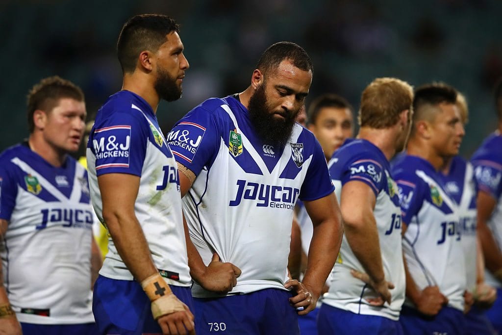 SYDNEY, AUSTRALIA - SEPTEMBER 11: Sam Kasiano of the Bulldogs and team mates look dejected during the NRL Elimination Final match between the Penrith Panthers and the Canterbury Bulldogs at Allianz Stadium on September 11, 2016 in Sydney, Australia. (Photo by Cameron Spencer/Getty Images)