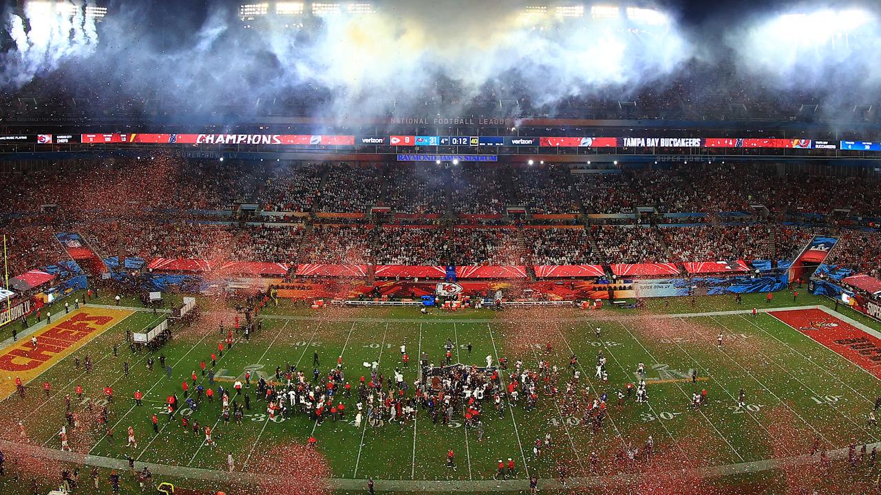 Confetti falls after the Tampa Bay Buccaneers defeated the Kansas City Chiefs in Super Bowl LV at Raymond James Stadium.