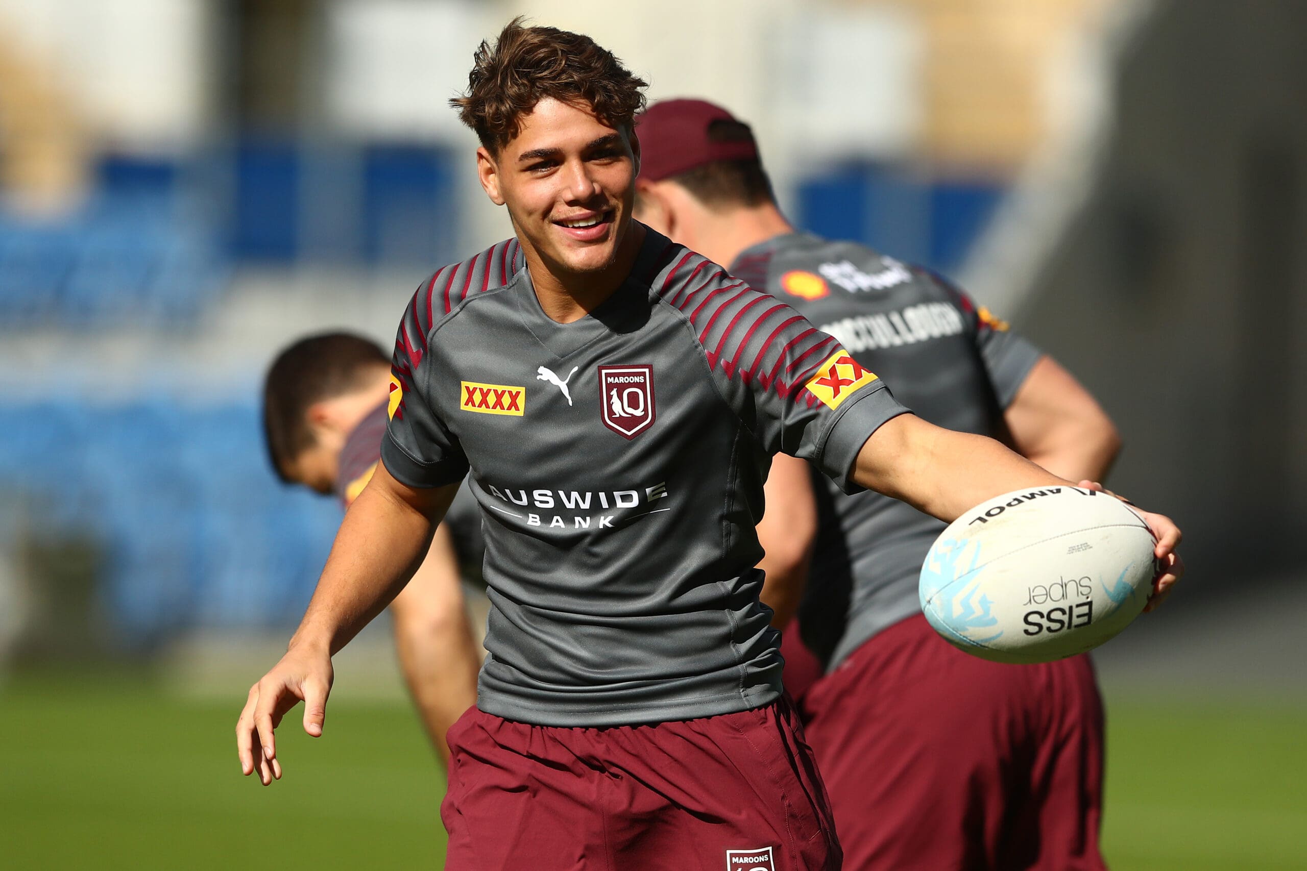 Maroons Reece Walsh, Selwyn Cobbo and Hamiso “Hammer” Tabuai-Fidow