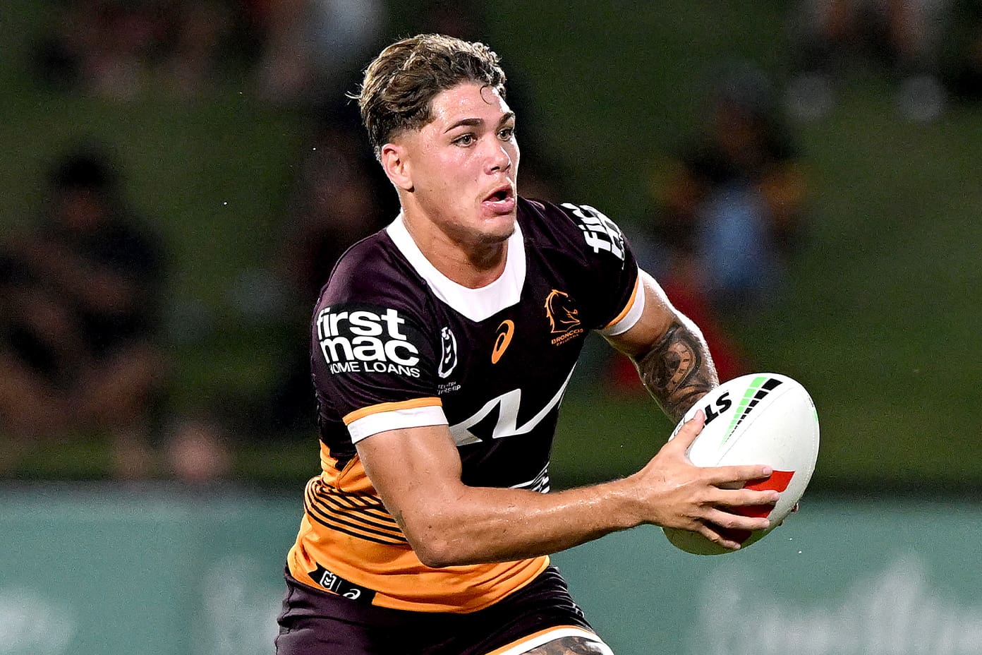 Brisbane, Australia. May 18, 2023. Selwyn Cobbo of the Broncos scores a try  during the NRL Round 12 match between the Brisbane Broncos and the Penrith  Panthers at Suncorp Stadium in Brisbane