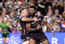 BRISBANE, AUSTRALIA - MARCH 21: Payne Haas of the Broncos celebrates after scoring a try during the round three NRL match between Brisbane Broncos and North Queensland Cowboys at Suncorp Stadium, on March 21, 2025, in Brisbane, Australia. (Photo by Bradley Kanaris/Getty Images)