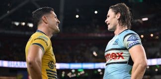 BRISBANE, AUSTRALIA - MAY 02: Dylan Brown of the Eels and Nicho Hynes of the Sharks talk to each other after the round nine NRL match between the Cronulla Sharks and Parramatta Eels at Suncorp Stadium on May 02, 2025, in Brisbane, Australia. (Photo by Hannah Peters/Getty Images)