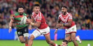 BRISBANE, AUSTRALIA - JUNE 28: Isaiya Katoa of the Dolphins breaks away from the defence during the round 17 NRL match between South Sydney Rabbitohs and Dolphins at Suncorp Stadium, on June 28, 2025, in Brisbane, Australia. (Photo by Bradley Kanaris/Getty Images)