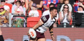 NEWCASTLE, AUSTRALIA - AUGUST 24: Gehamat Shibasaki of Broncos celebrates a try during the round 25 NRL match between Newcastle Knights and Brisbane Broncos at McDonald Jones Stadium, on August 24, 2025, in Newcastle, Australia. (Photo by Scott Gardiner/Getty Images)