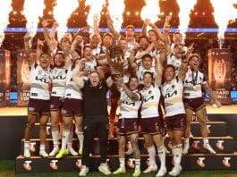 SYDNEY, AUSTRALIA - OCTOBER 05: Adam Reynolds and Billy Walters of the Broncos hold aloft the Provan-Summons Trophy as the team celebrates after winning the NRL Grand Final match between the Melbourne Storm at Brisbane Broncos at Accor Stadium on October 05, 2025, in Sydney, Australia. (Photo by Cameron Spencer/Getty Images)